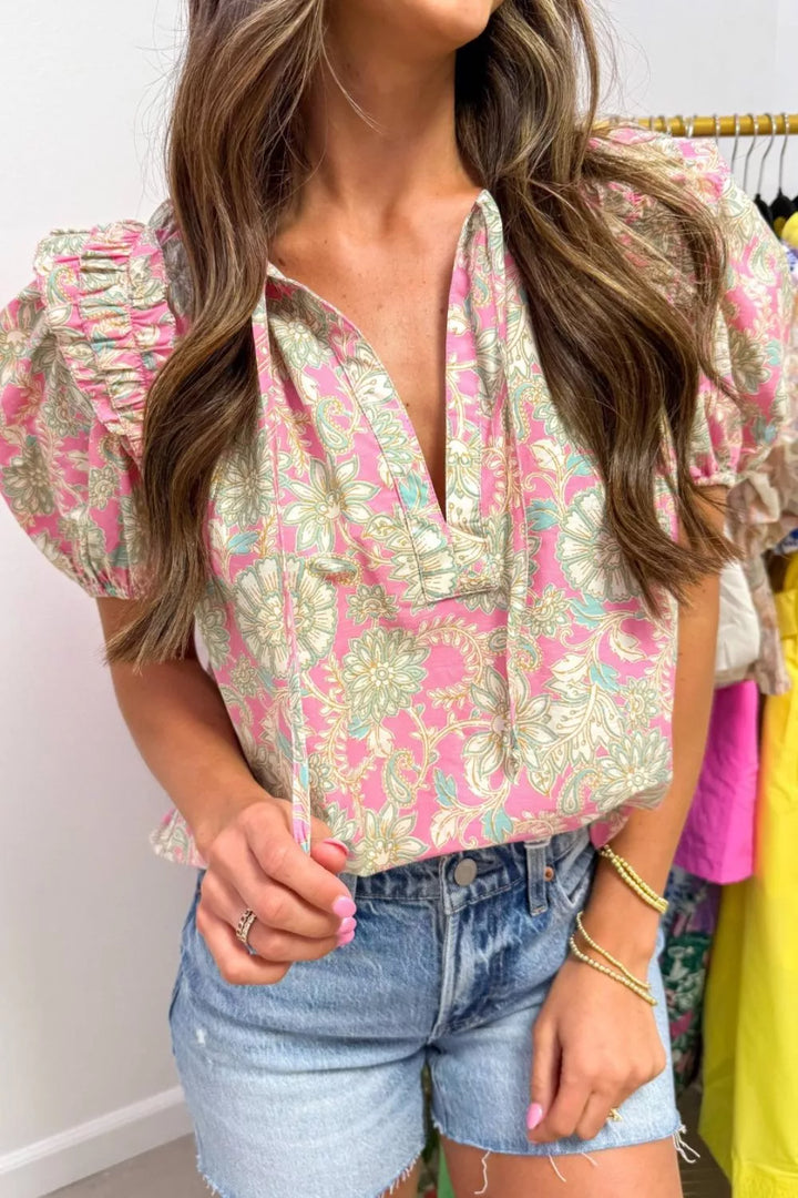 Floral puff sleeve blouse with ruffle shoulder and split neck