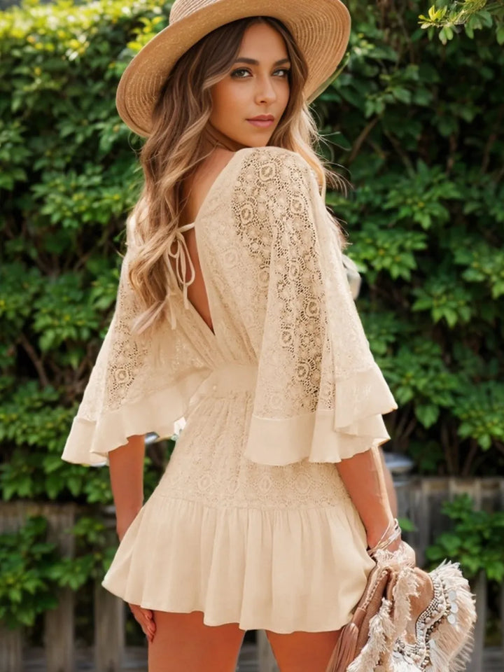 Cream Ruffle-hem tie-back lace mini dress with flutter sleeves
