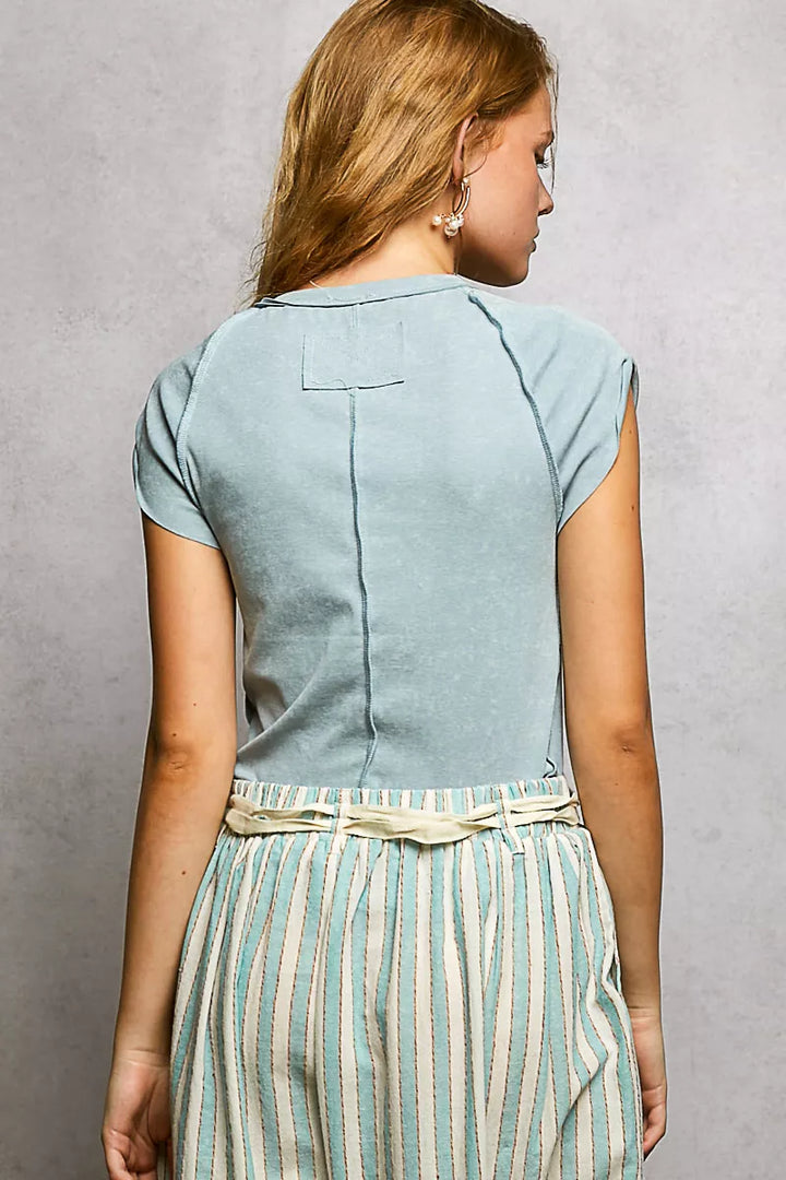 Washed V-neck short sleeve tee with exposed seams