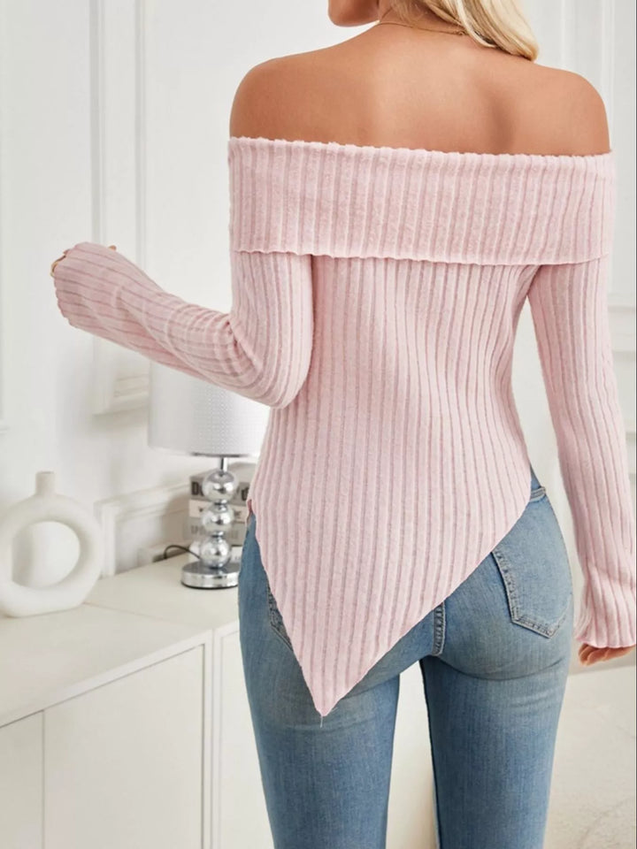 Off-shoulder ribbed knit top with twist-front flared sleeves