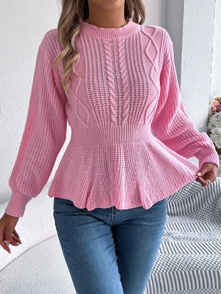 Cable knit peplum sweater with mock neck