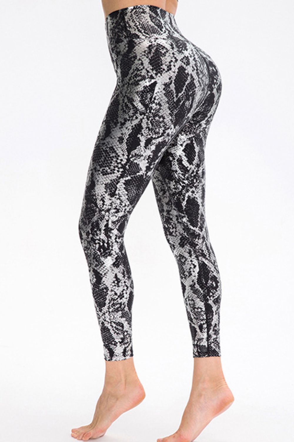 Metallic snakeskin print wide waistband workout leggings
