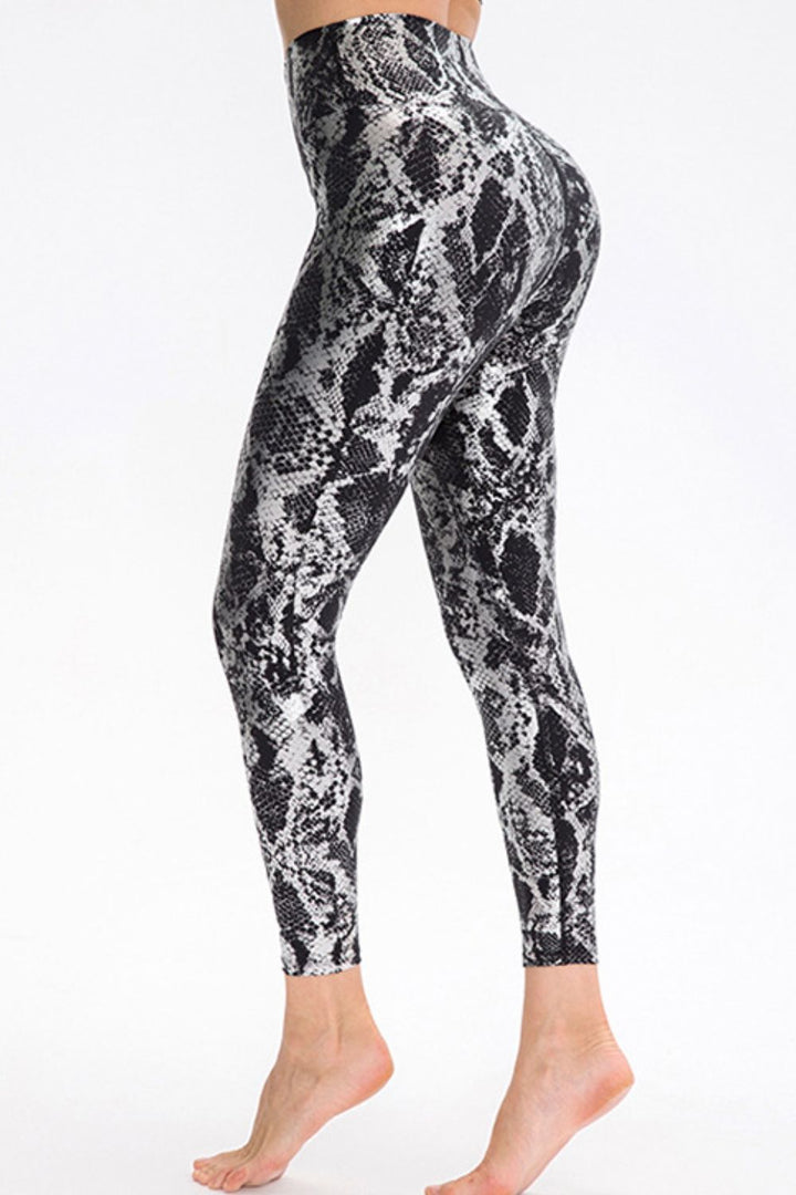 Metallic snakeskin print wide waistband workout leggings