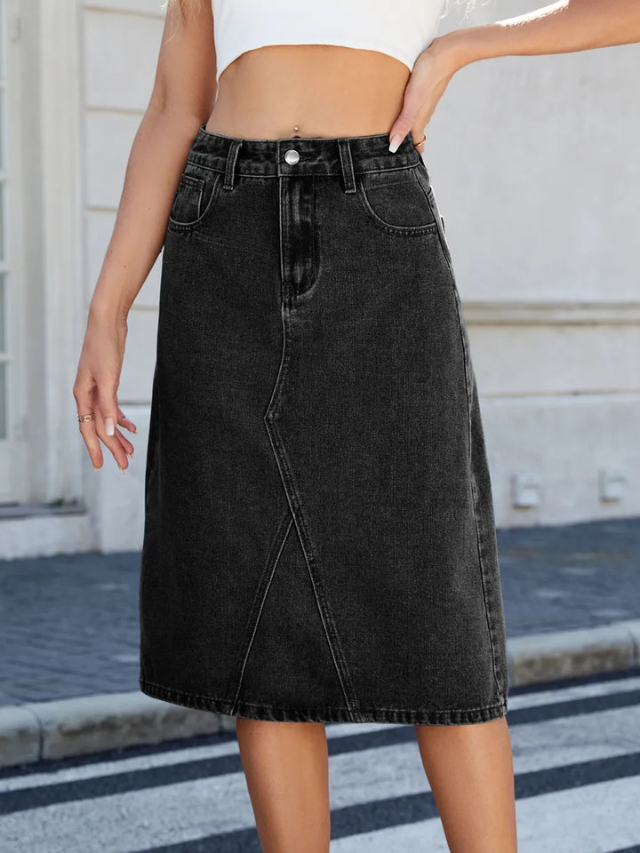 Black High-rise midi denim skirt with back slit and front pockets