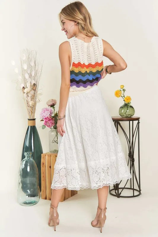 Floral lace A-line midi skirt with scalloped hem