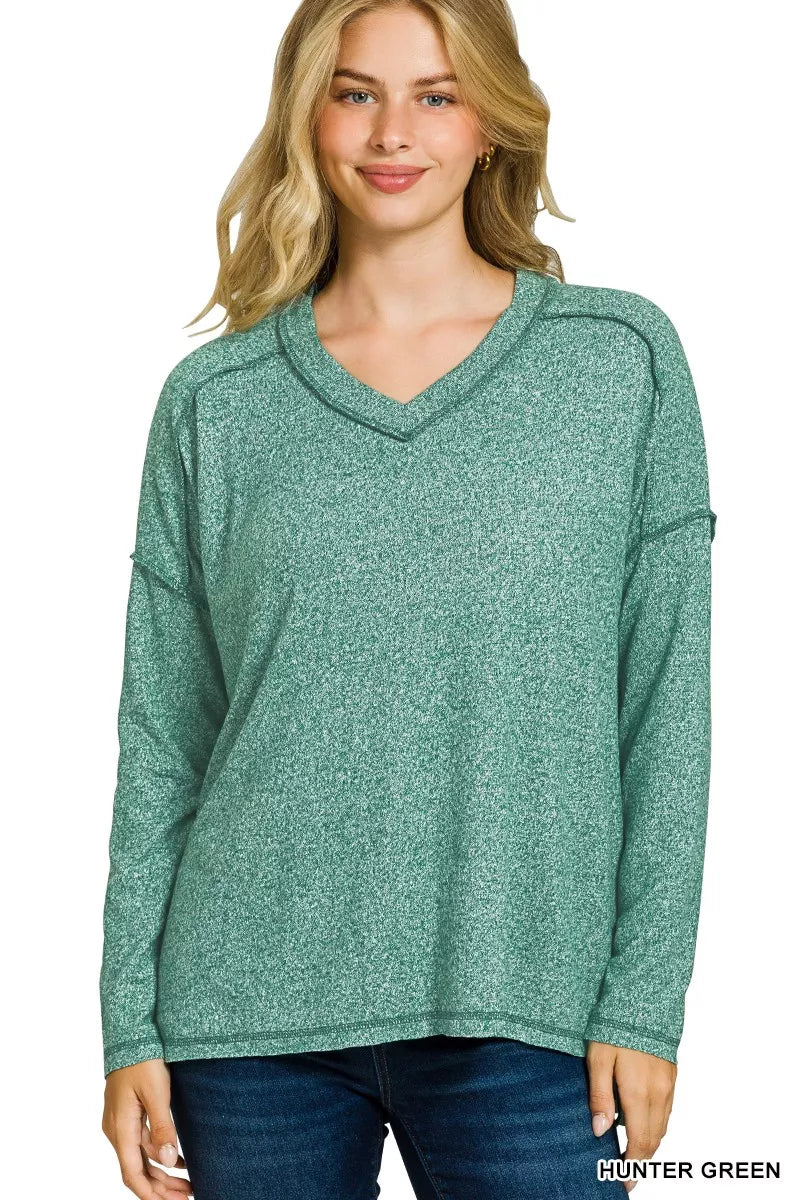 HUNTER GREEN Melange hacci exposed-seam V-neck long sleeve top