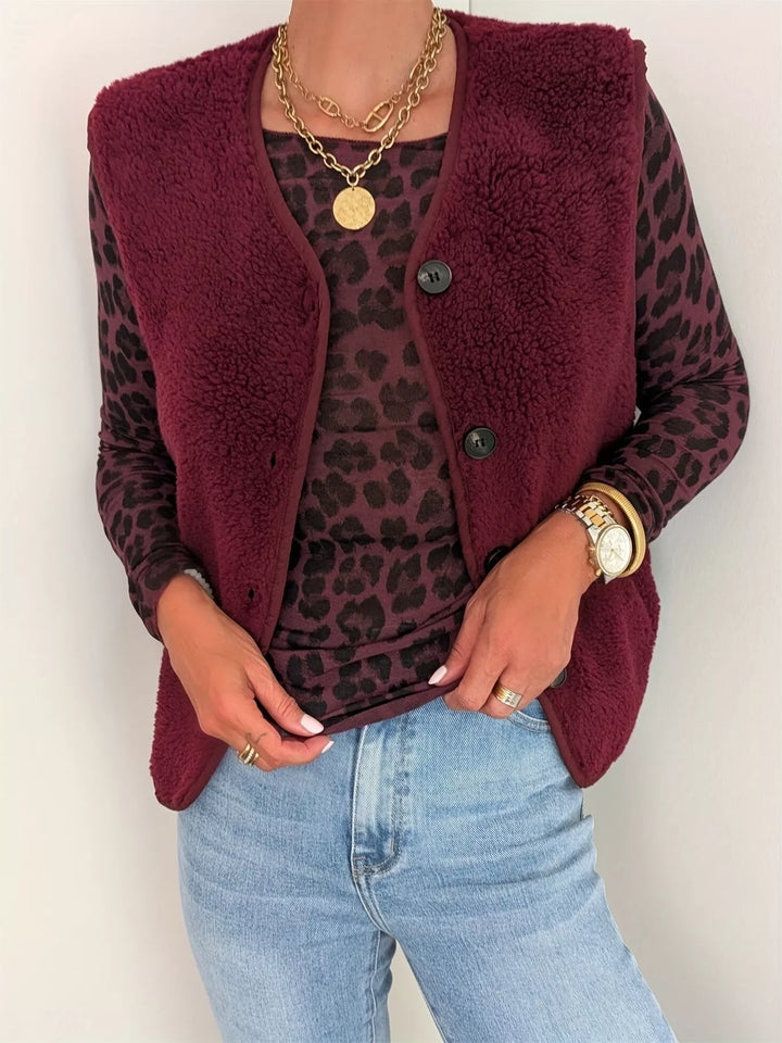 Burgundy Button-front sherpa fleece vest with contrast trim