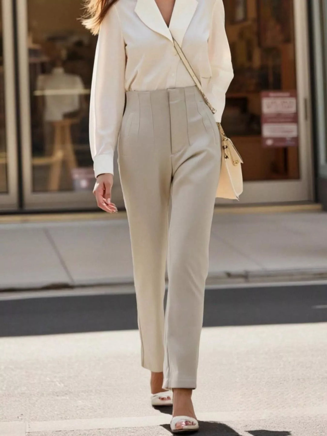 High-waisted pintuck straight-leg ankle pants