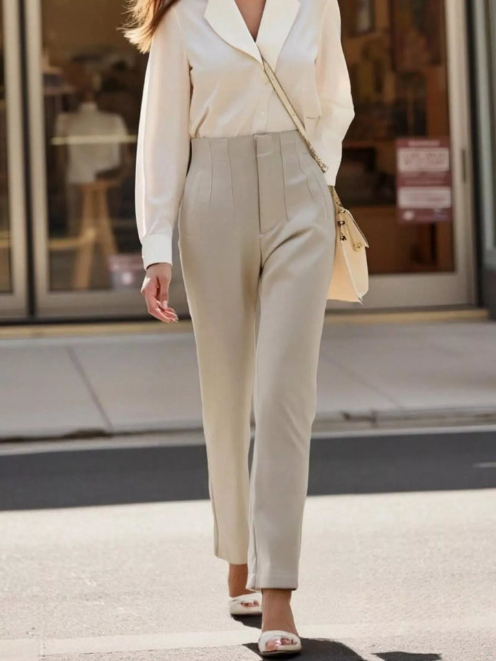 High-waisted pintuck straight-leg ankle pants