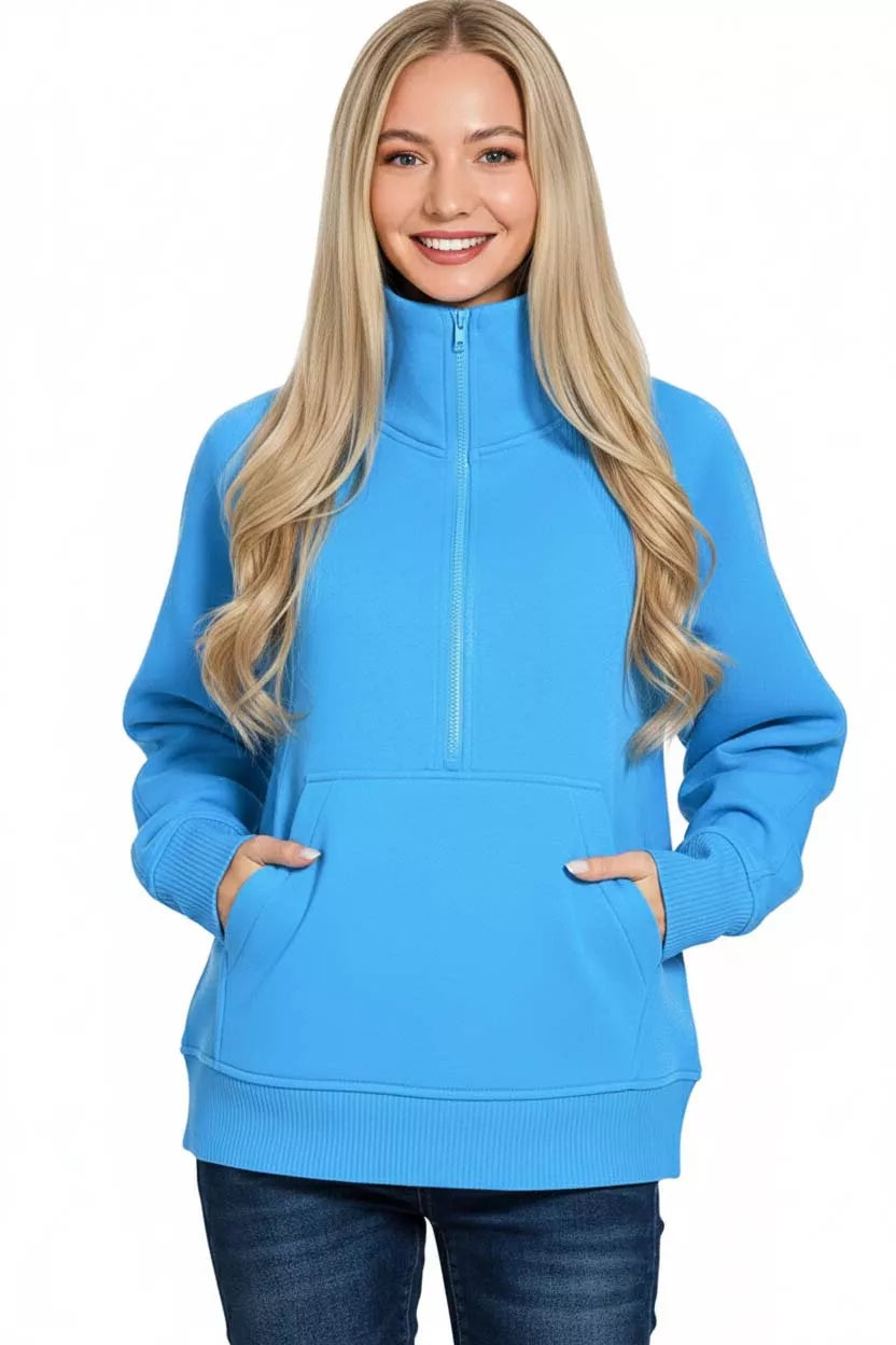 Half-zip mock neck fleece pullover with kangaroo pocket