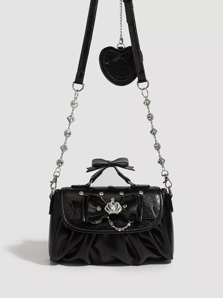 Black Ruched bow crossbody bag with rhinestone chain strap