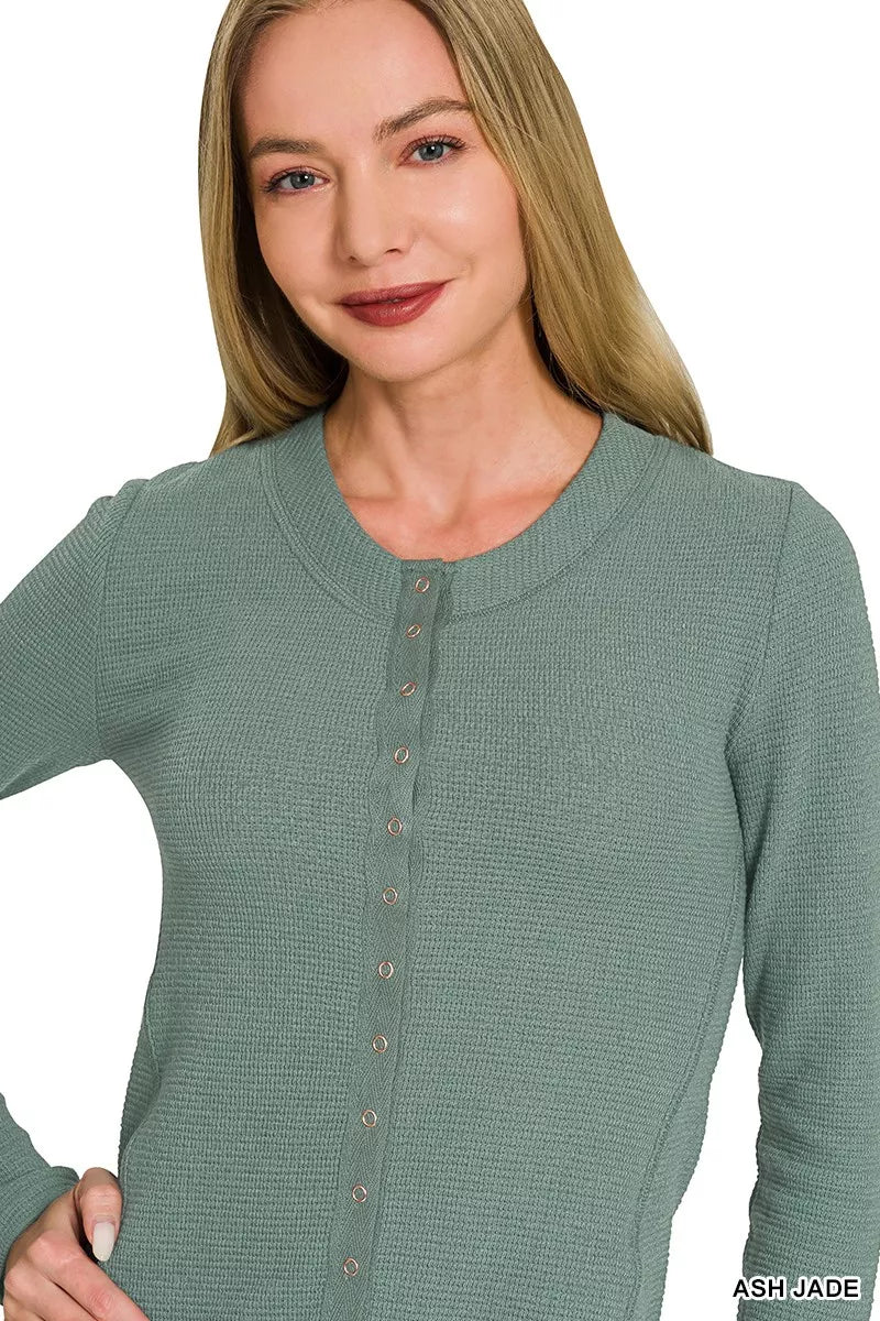 Textured double knit snap button long sleeve top