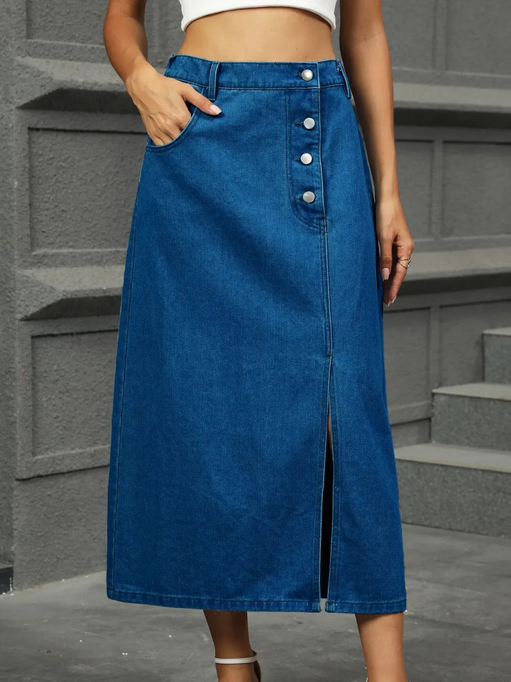 Asymmetrical button-detail denim midi skirt with front slit