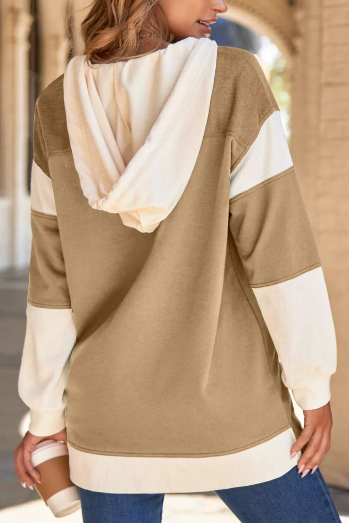 Color block button-front hoodie with contrast knit trim