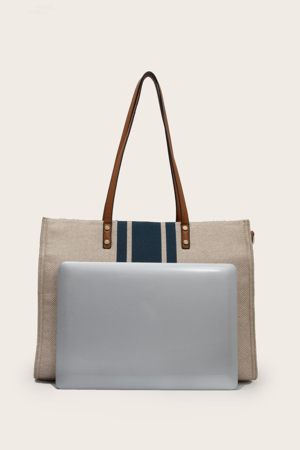Striped woven canvas tote bag with faux leather straps