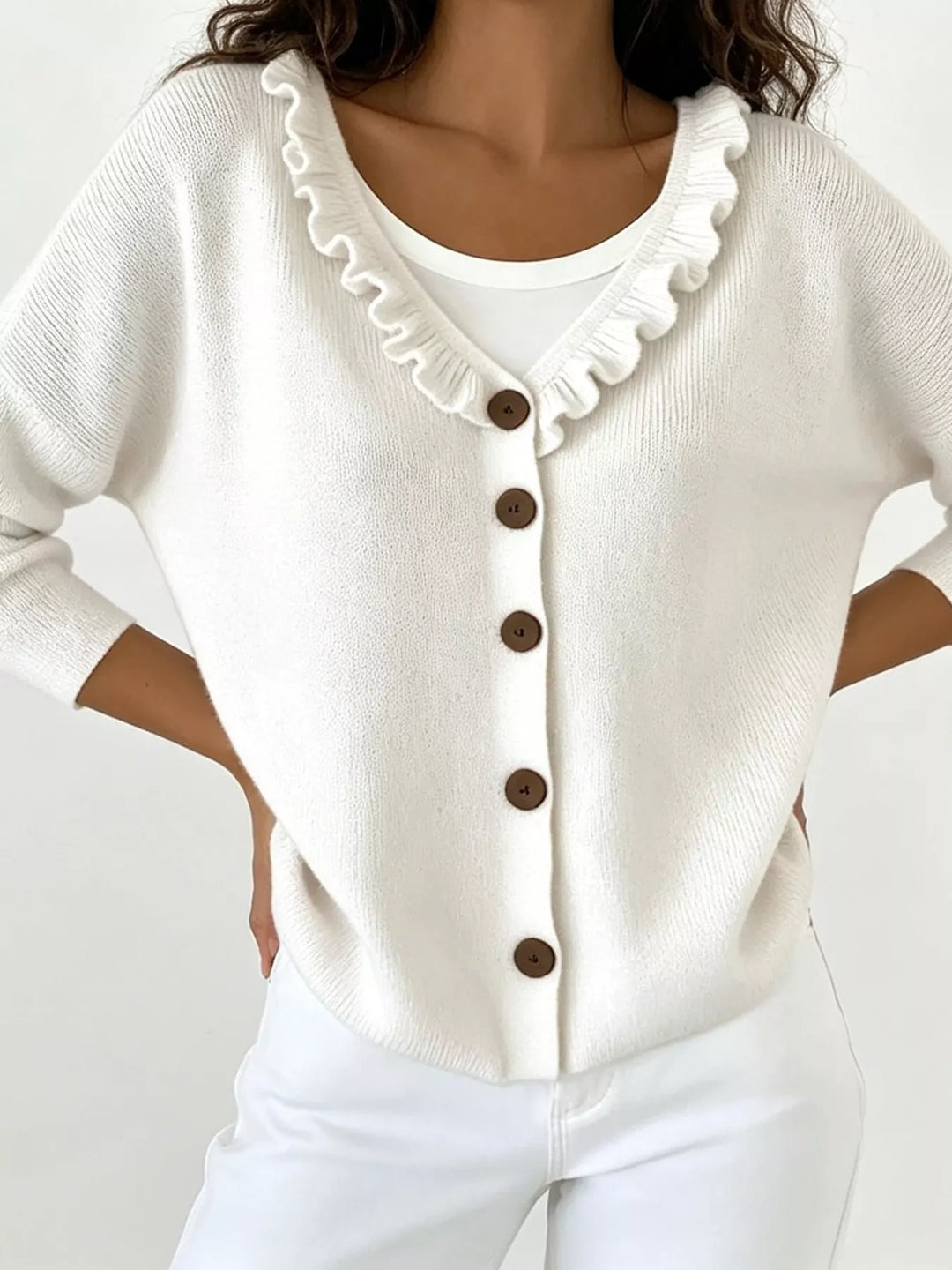White Ruffle-trim V-neck button-front knit cardigan