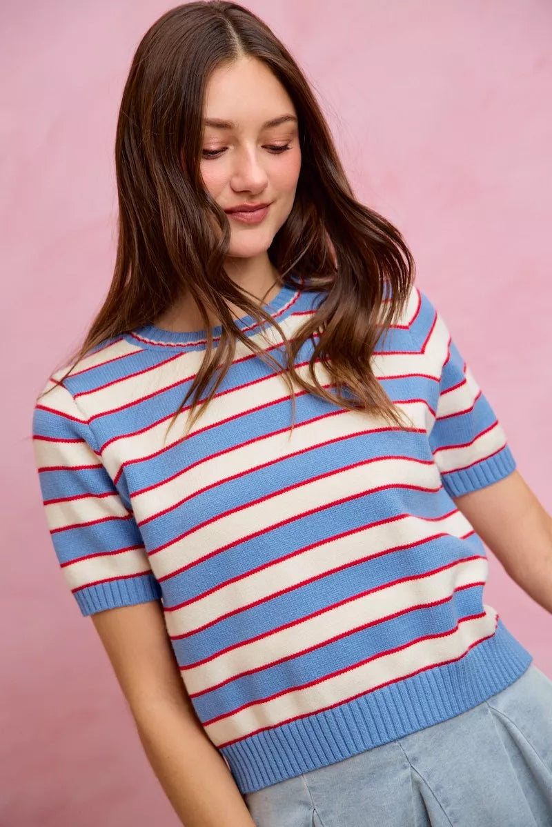 Striped ribbed knit short sleeve crew neck sweater top