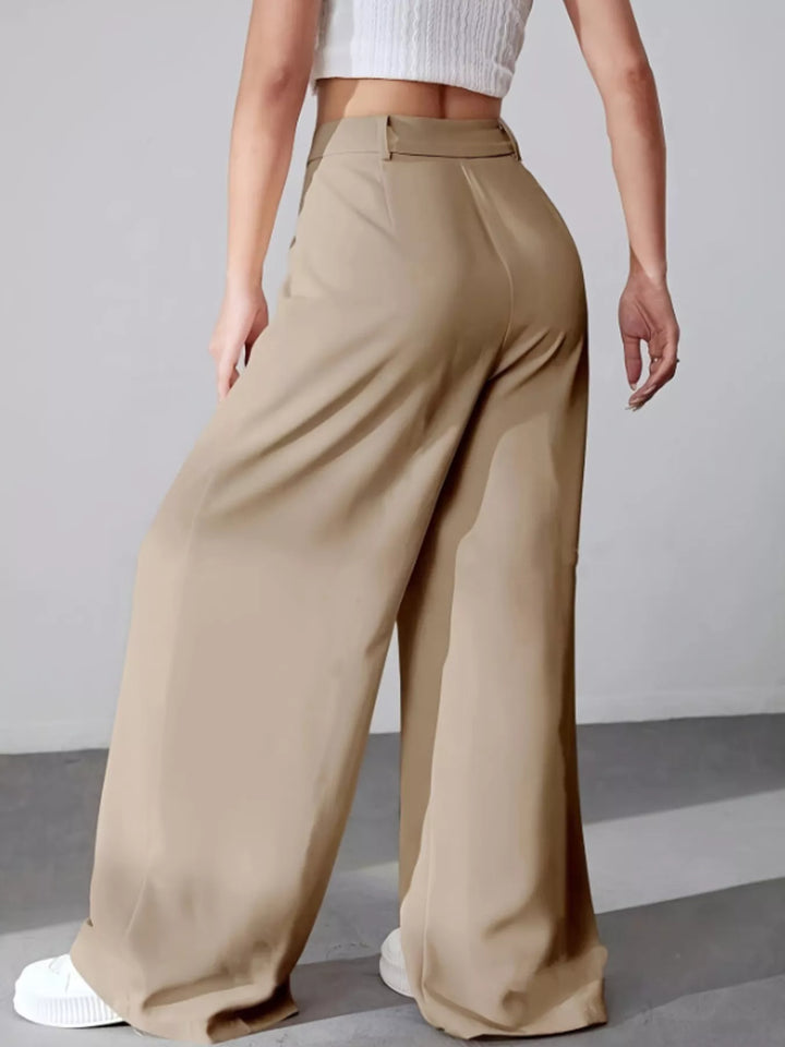 High-rise wide-leg pleated pants with button waist