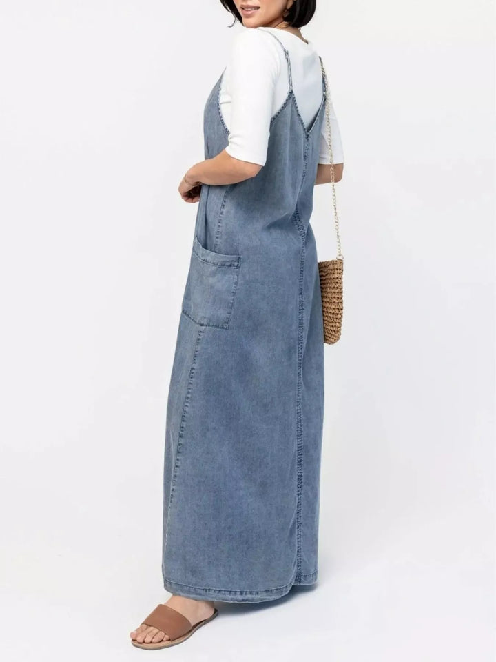 Washed denim cami maxi dress with side pockets