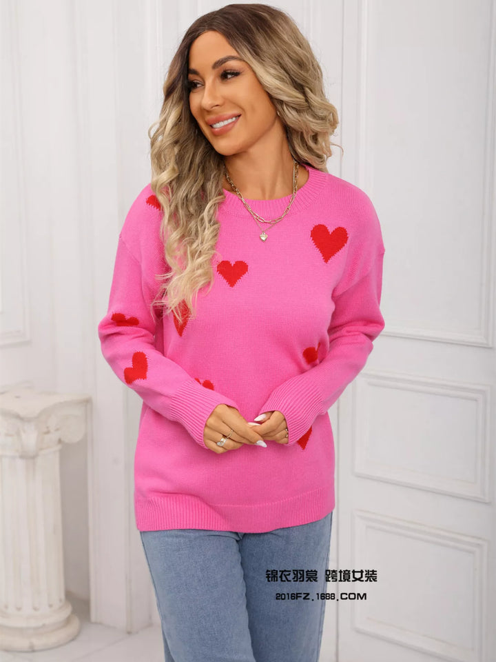 Contrast heart knit crewneck pullover sweater