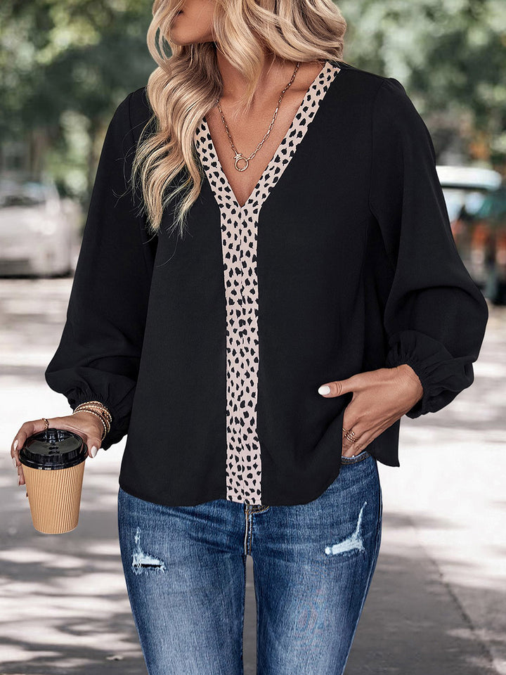 Black Contrast leopard-print panel V-neck long sleeve blouse