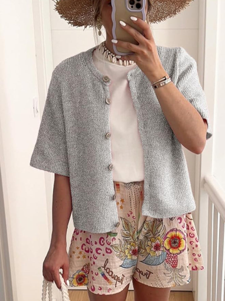 Gray Ribbed knit short-sleeve button-down cardigan