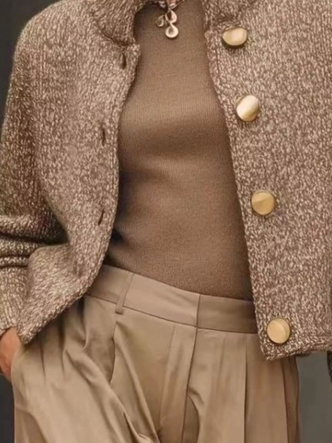 Marled knit stand-collar button-down cardigan