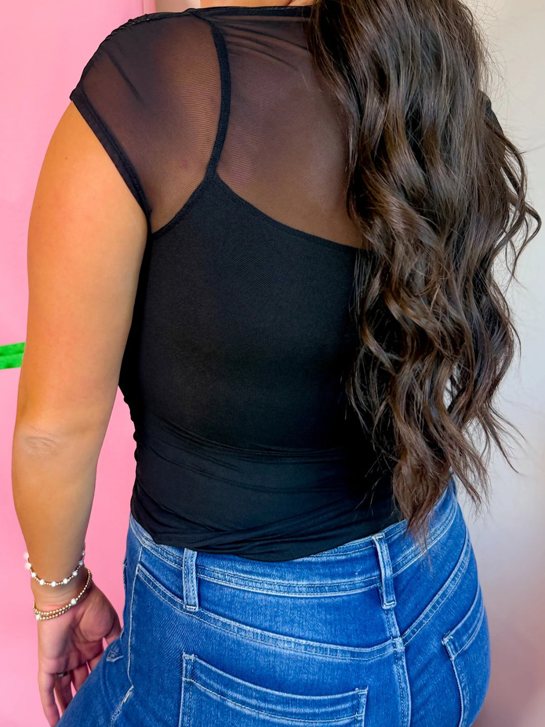 Sheer mesh yoke cap sleeve top with ruched waist
