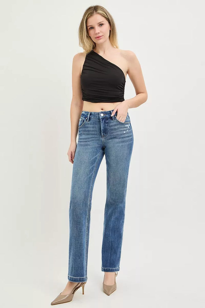 Tummy control mid-rise straight leg jeans with crease line