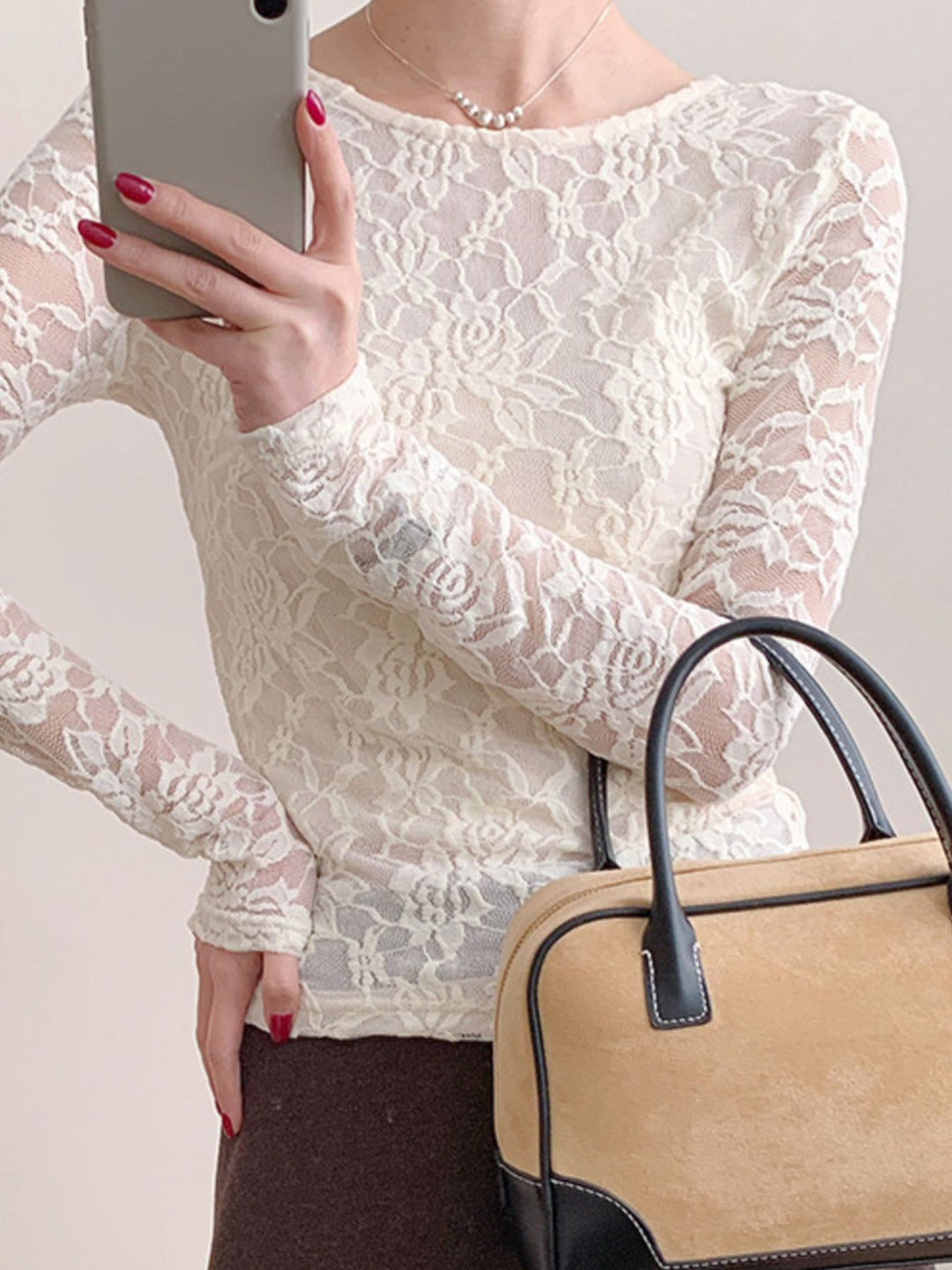 White Sheer floral lace round neck long sleeve top