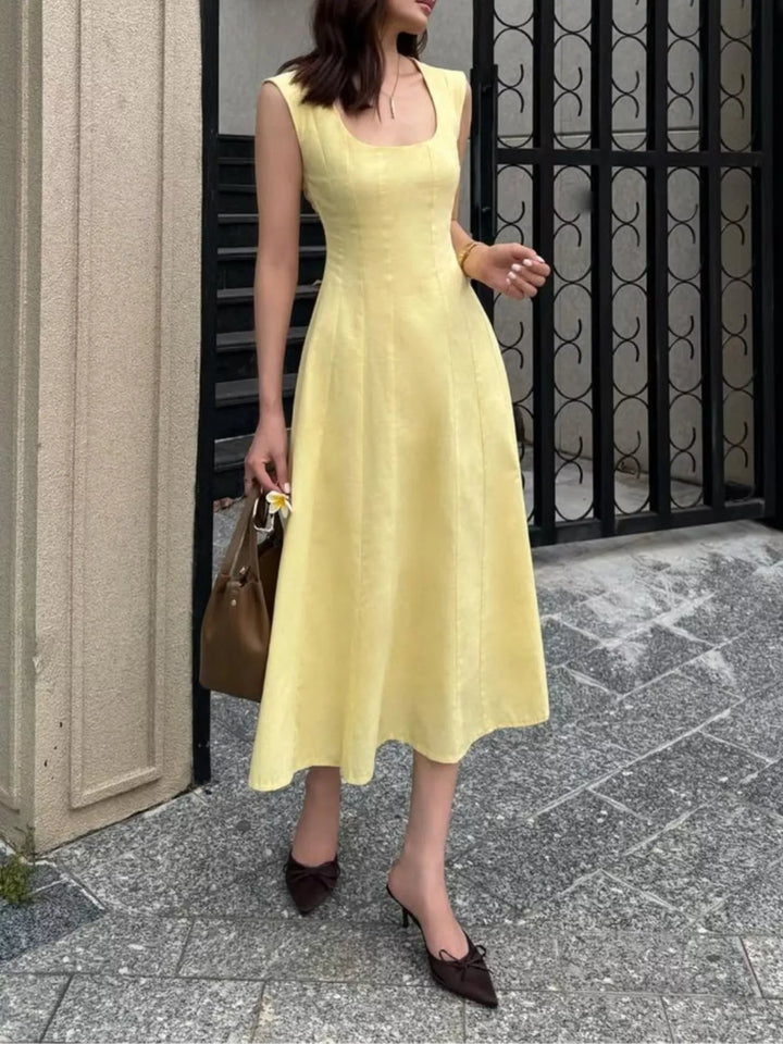 Sleeveless princess-seam A-line midi dress with scoop neck