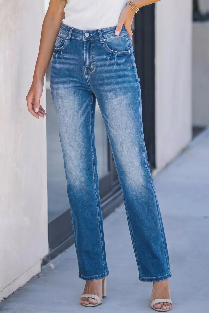 Acid wash straight leg mid rise stretch jeans