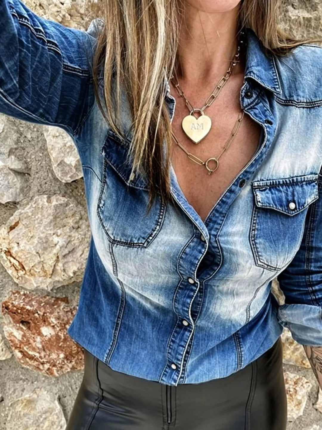Vintage wash button-up denim shirt with chest pockets