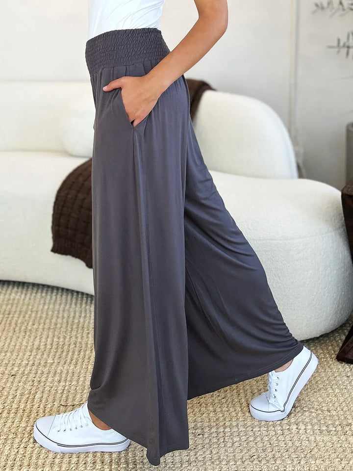 Smocked wide-waistband wide-leg jersey pants with pockets