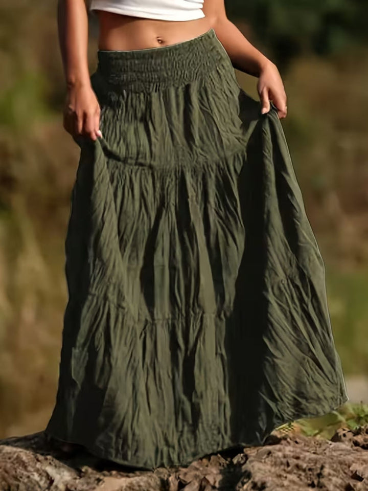 Green Tiered boho maxi skirt with smocked waistband