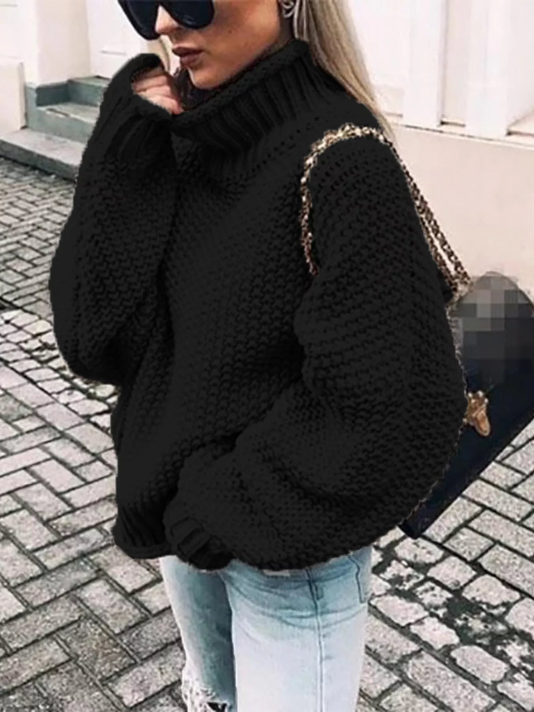 Black Oversized chunky knit turtleneck sweater