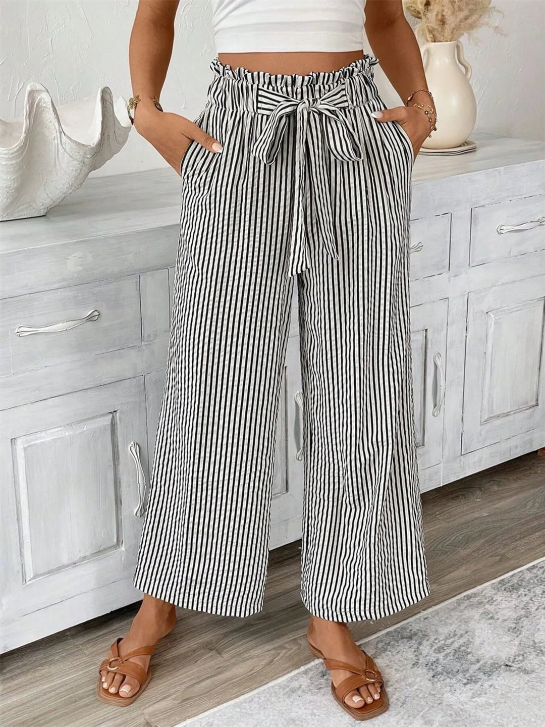 Black Striped wide-leg paper bag pants with tie belt