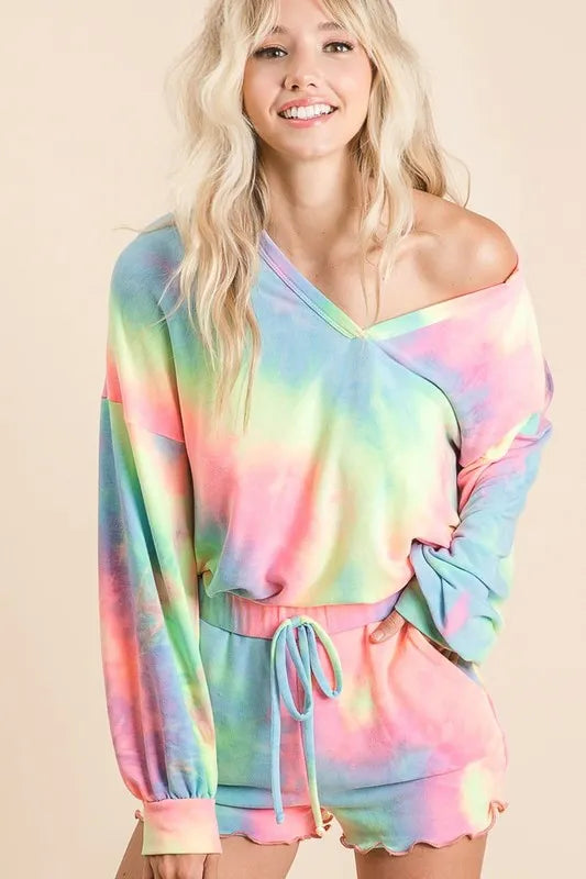 Tie-dye French terry V-neck top with balloon sleeves