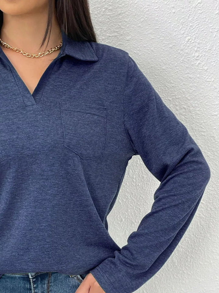Collared long sleeve polo top with chest pocket