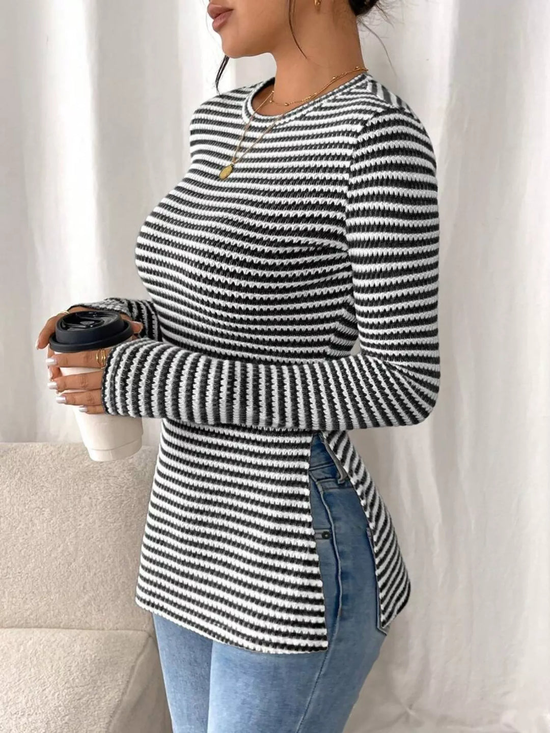 Slit-hem striped textured knit long sleeve top