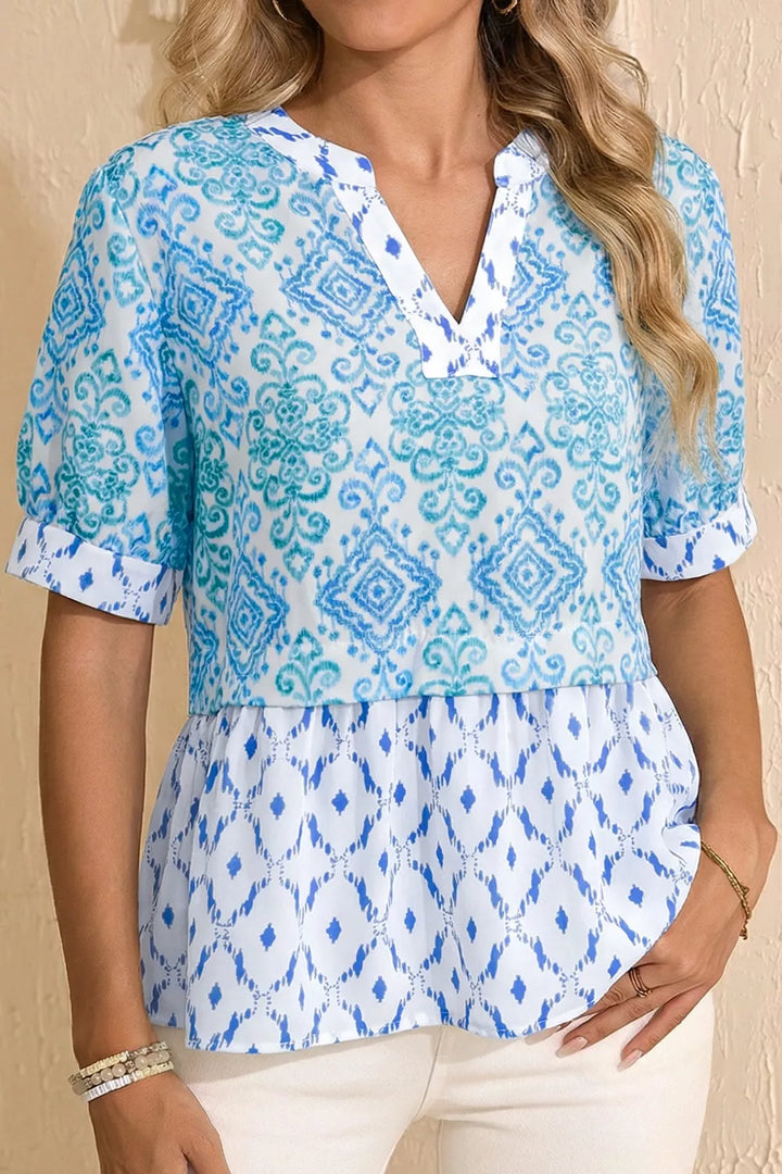 Light Blue Mixed print patchwork babydoll blouse with split neck