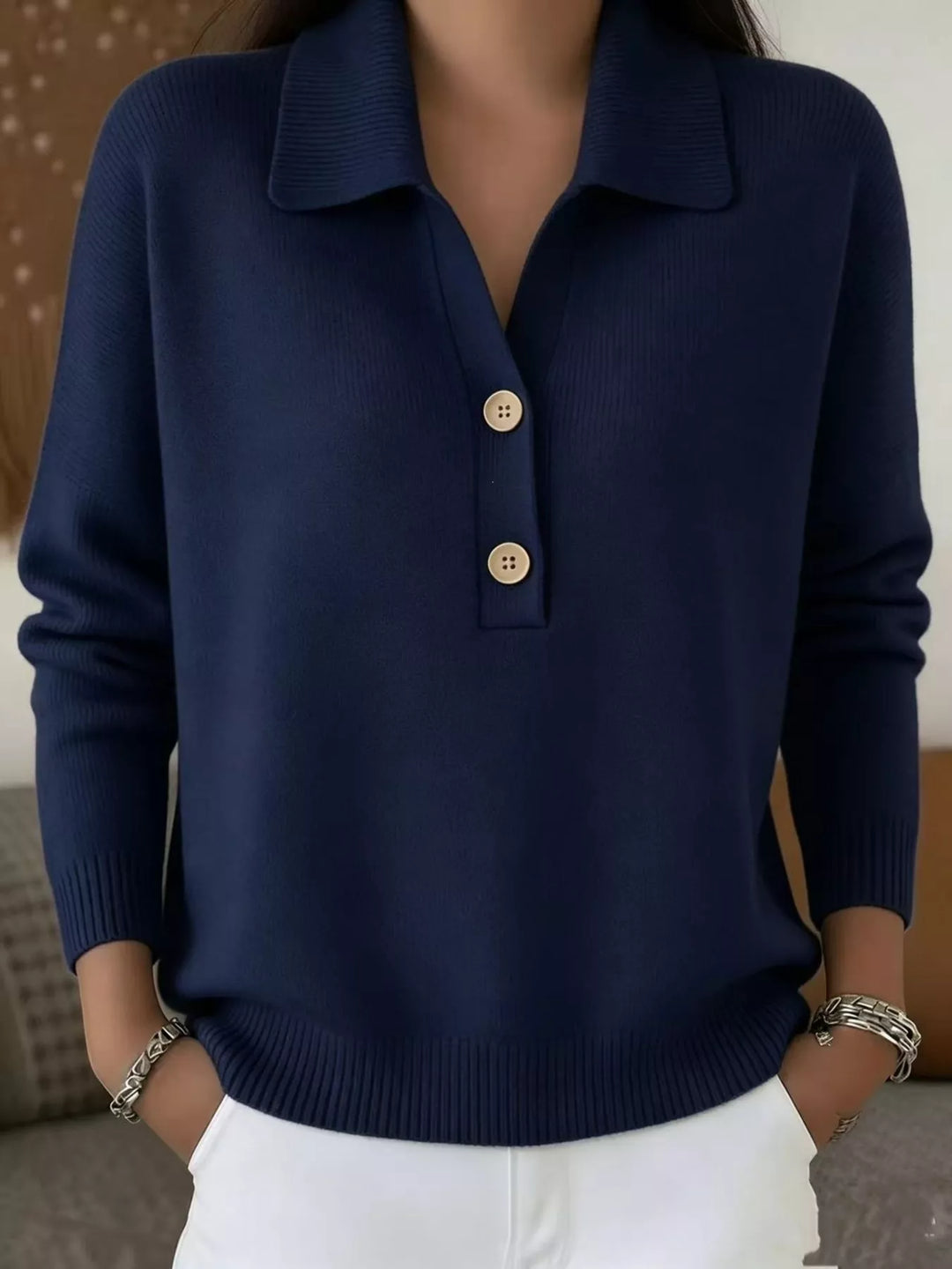 Dark Blue Collared button-placket long sleeve knit polo sweater