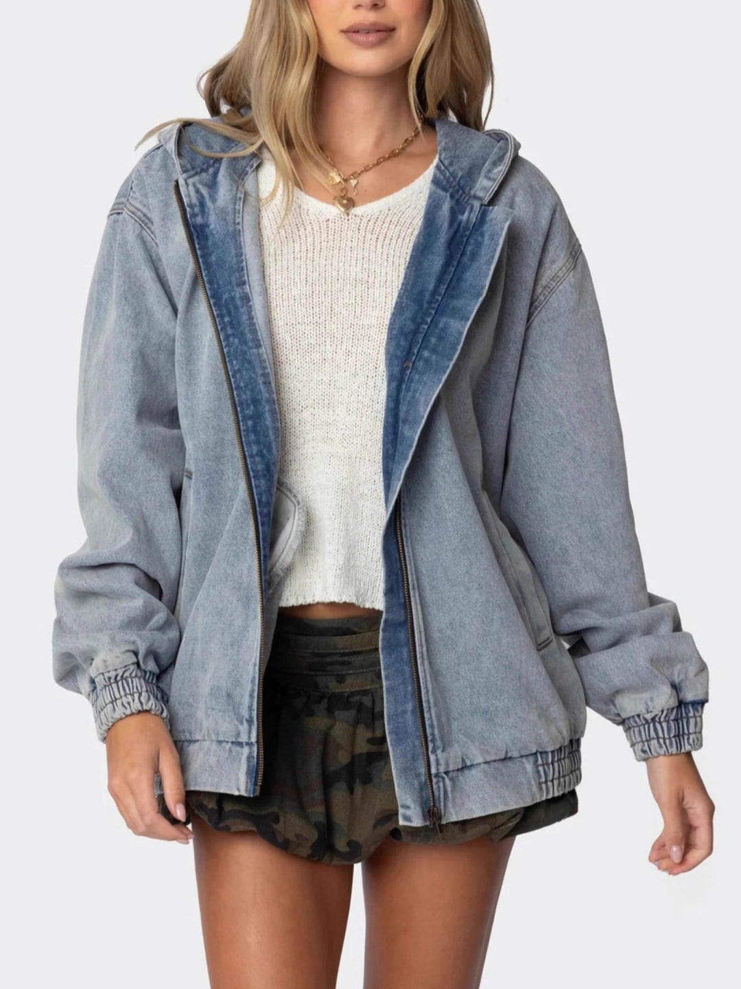 Light Blue Hooded oversized zip-up denim jacket with elastic cuffs