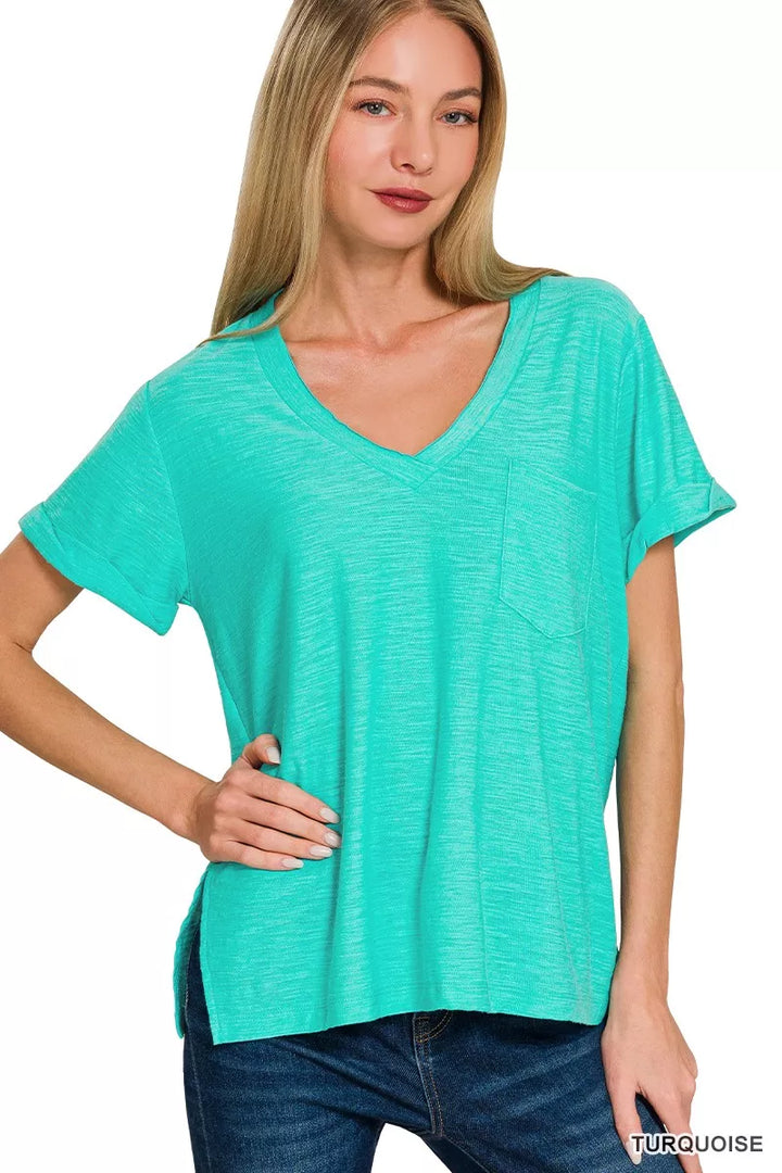 TURQUOISE Slub knit rolled-sleeve v-neck tee with chest pocket
