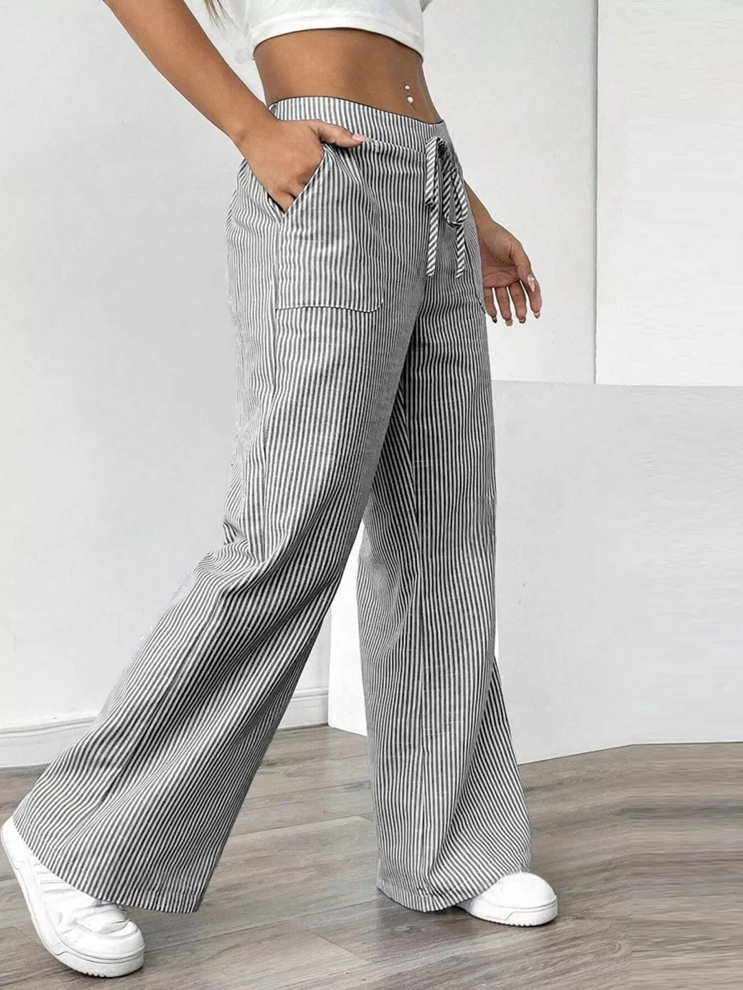 Pinstripe wide-leg pants with drawstring waist