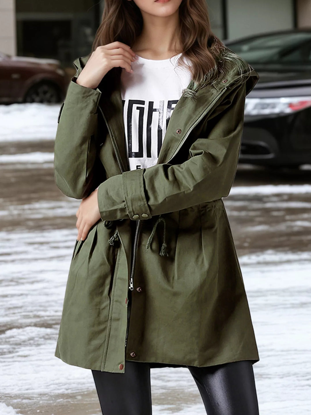 Hooded drawstring waist utility trench coat