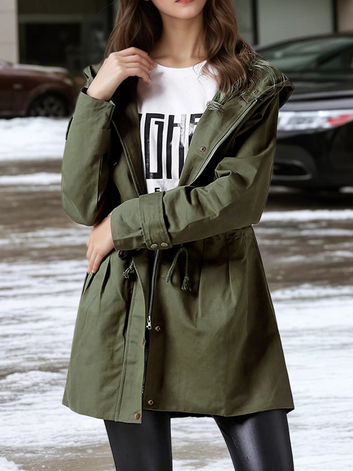 Hooded drawstring waist utility trench coat