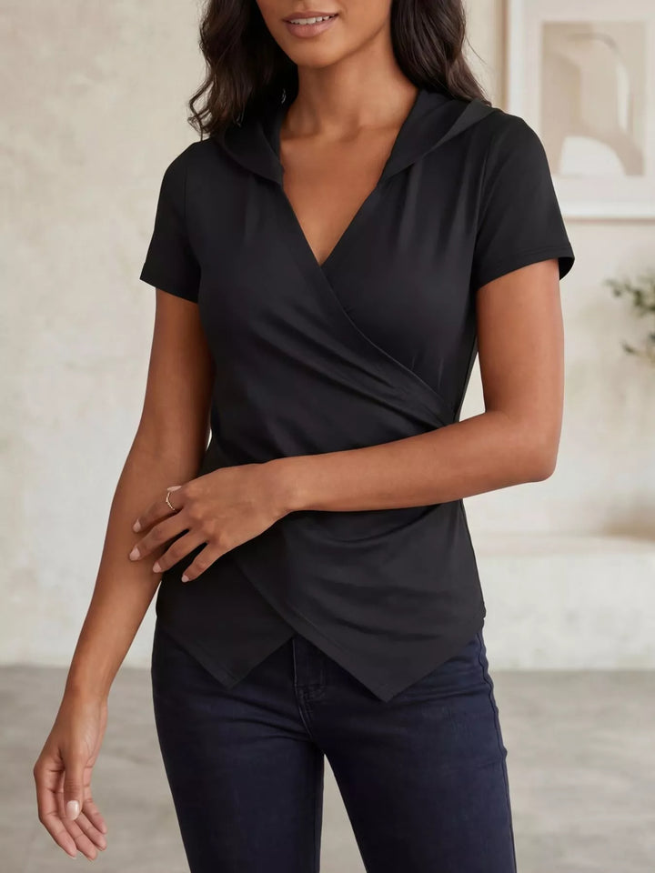Ruched wrap-front hooded top with asymmetric hem
