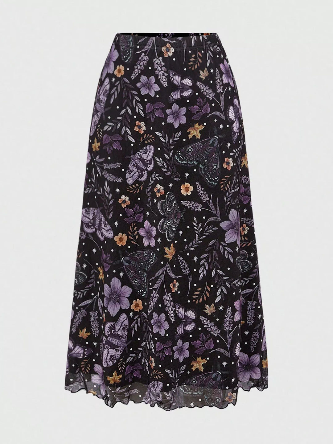 Botanical floral butterfly print midi skirt