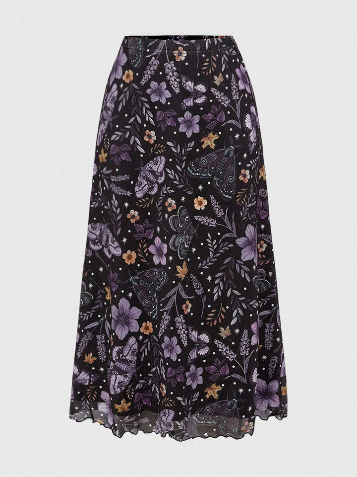Botanical floral butterfly print midi skirt
